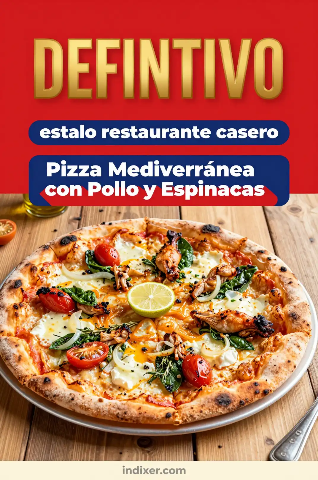 Pizza Mediterránea con Pollo y Espinacas - Pizza - Indixer