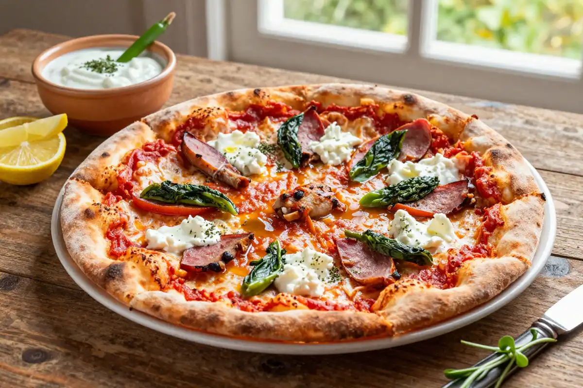 Pizza Mediterránea con Pollo y Espinacas plato terminado