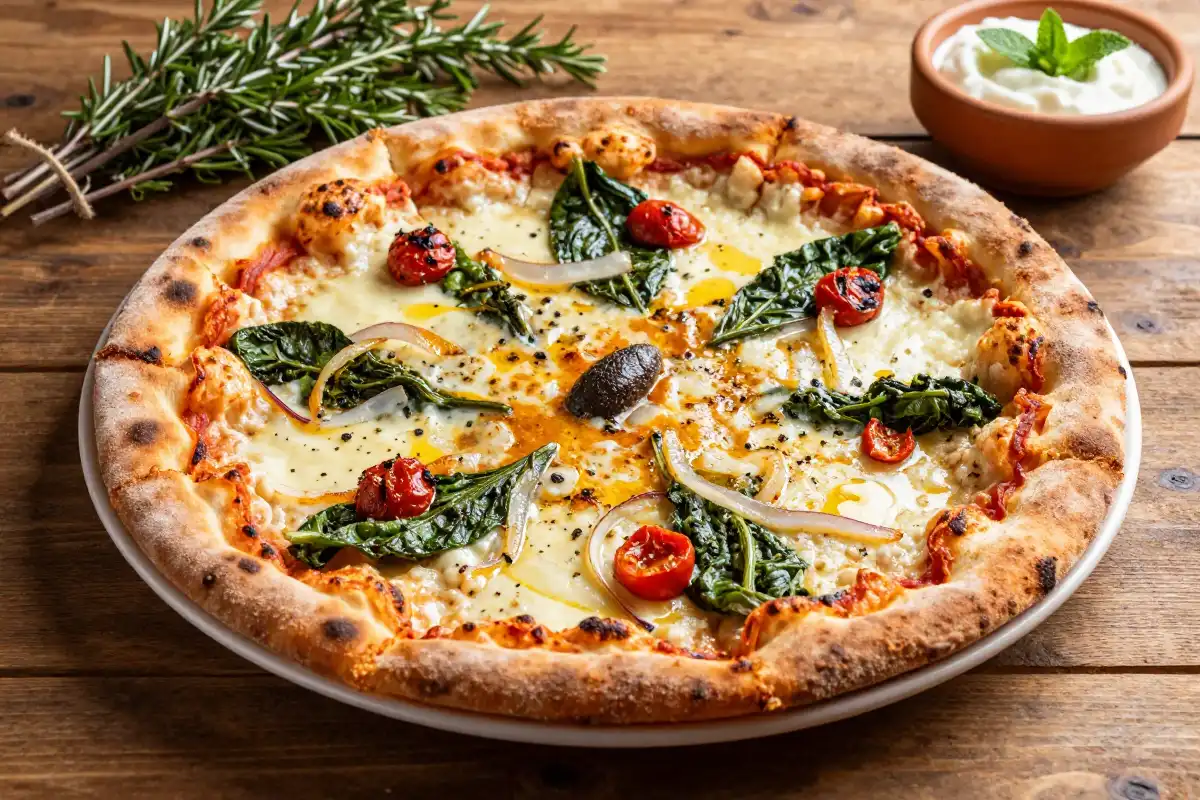 Pizza Mediterránea de Espinacas y Queso de Cabra plato terminado