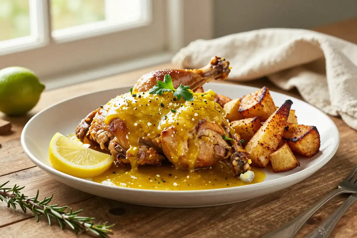 Pollo al Limón con Hierbas y Papas Asadas plato terminado