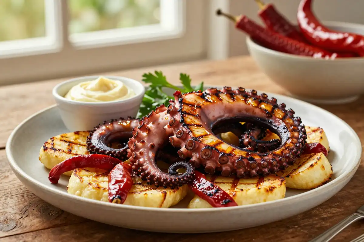 Pulpo a la Parrilla con Papas y Pimentón plato terminado