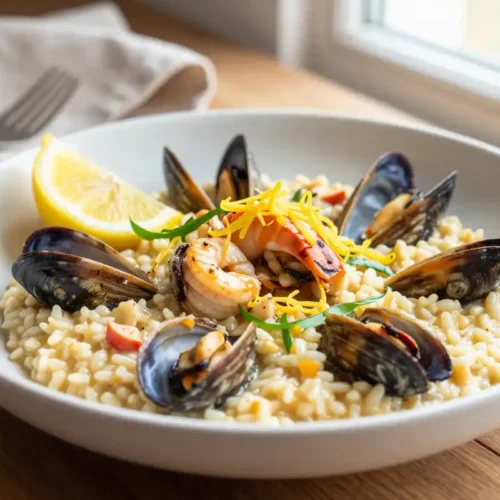 Risotto cremoso de mariscos con toque de limón - Tarjeta de Receta