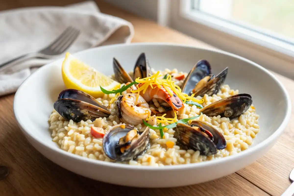 Risotto cremoso de mariscos con toque de limón plato terminado