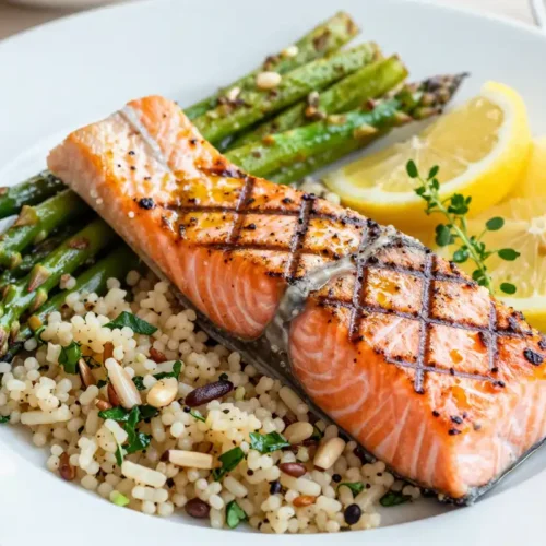 Salmón a la Parrilla con Quinoa y Espárragos - Tarjeta de Receta