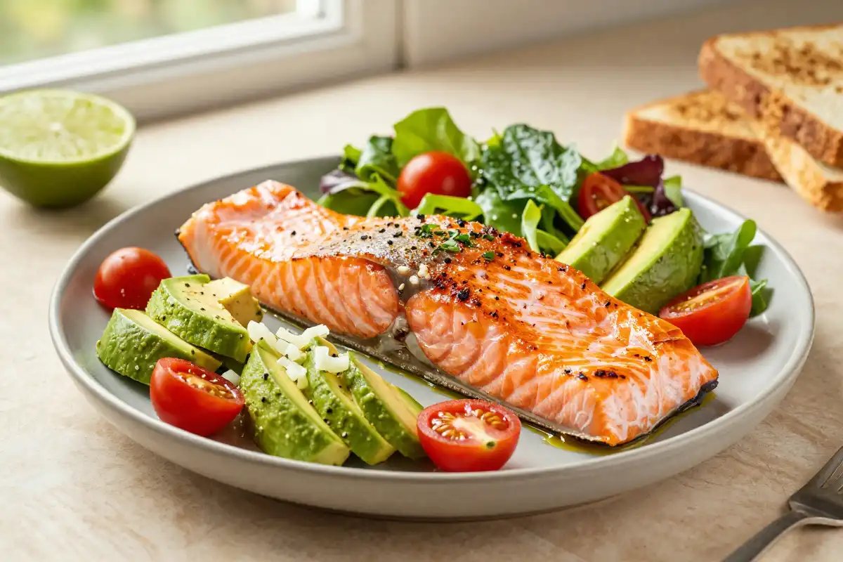 Salmón al Horno con Ensalada de Aguacate plato terminado