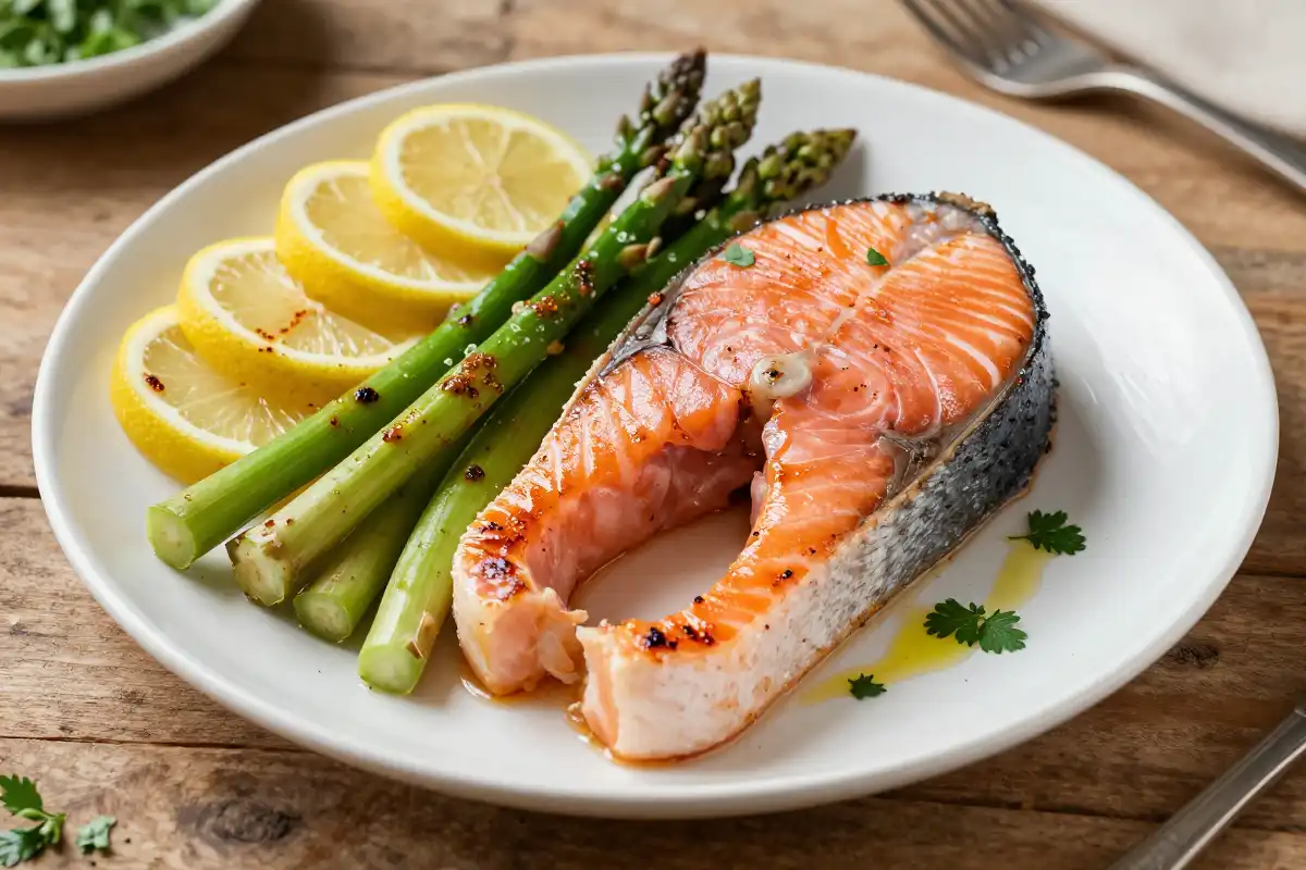 Salmón al Horno con Espárragos y Limón plato terminado
