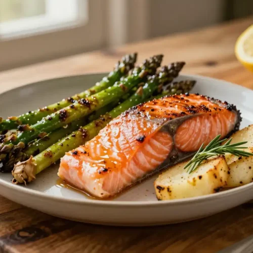 Salmón al Horno con Espárragos y Patatas Asadas - Tarjeta de Receta