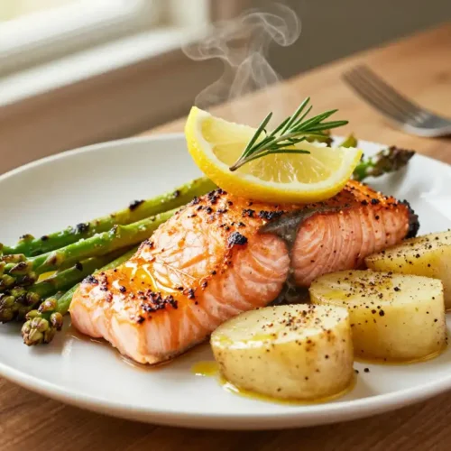 Salmón al Horno con Espárragos y Patatas - Tarjeta de Receta