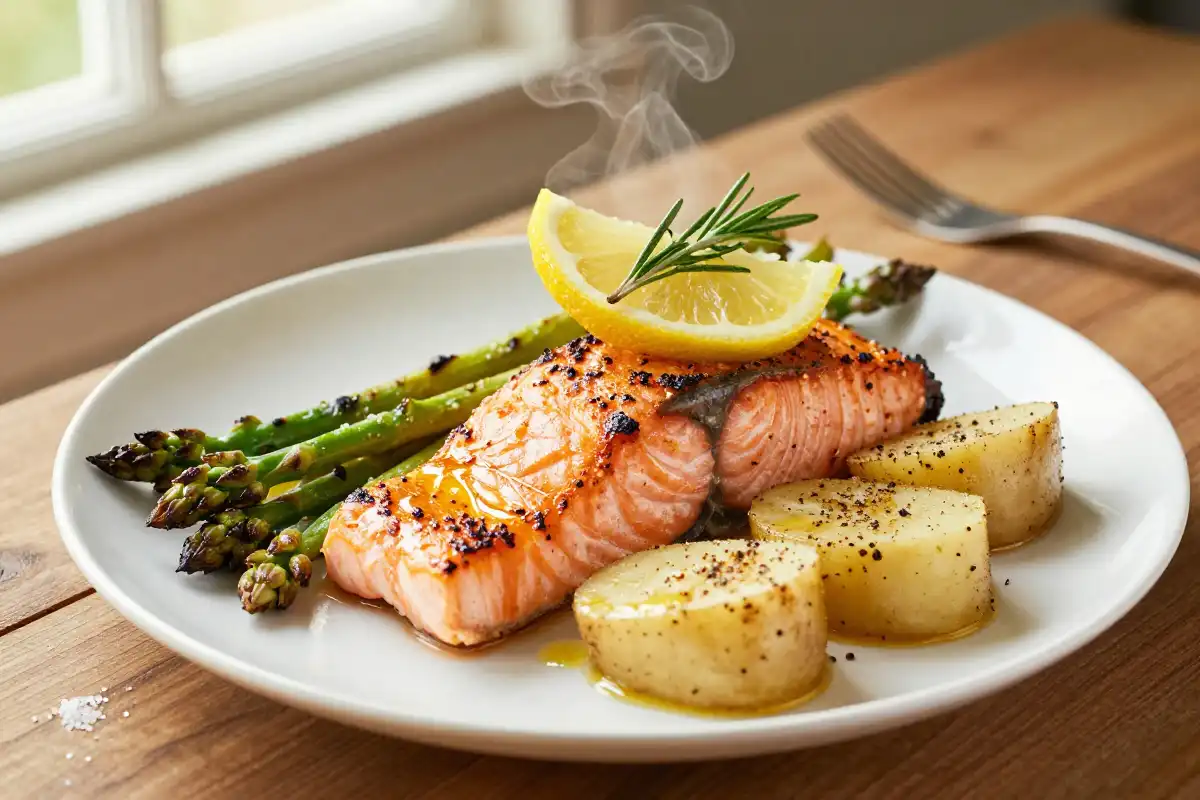 Salmón al Horno con Espárragos y Patatas plato terminado