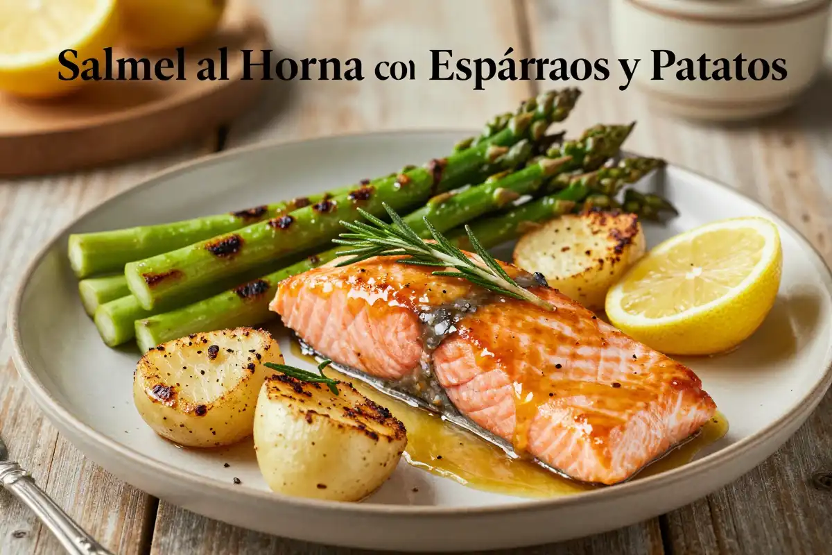 Salmón al Horno con Espárragos y Patatas plato terminado
