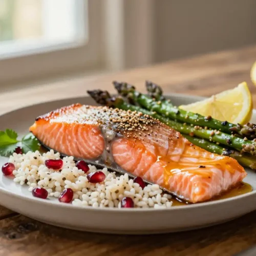 Salmón al Horno con Espárragos y Quinoa - Tarjeta de Receta