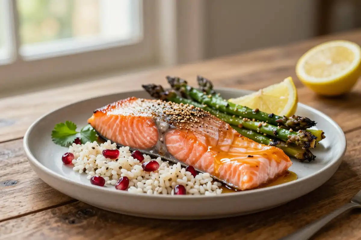 Salmón al Horno con Espárragos y Quinoa plato terminado