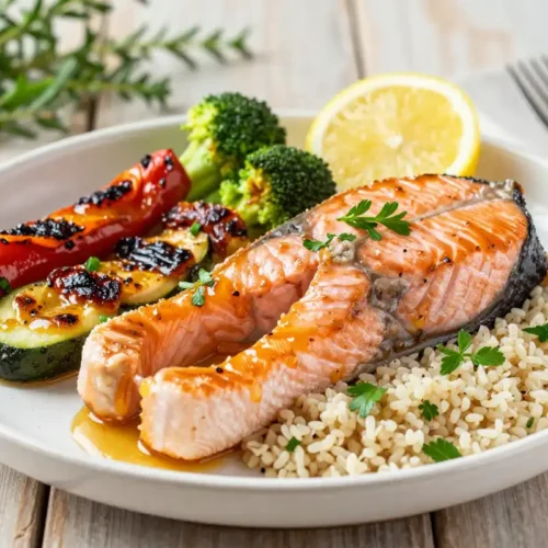 Salmón al Horno con Quinoa y Verduras Asadas - Tarjeta de Receta
