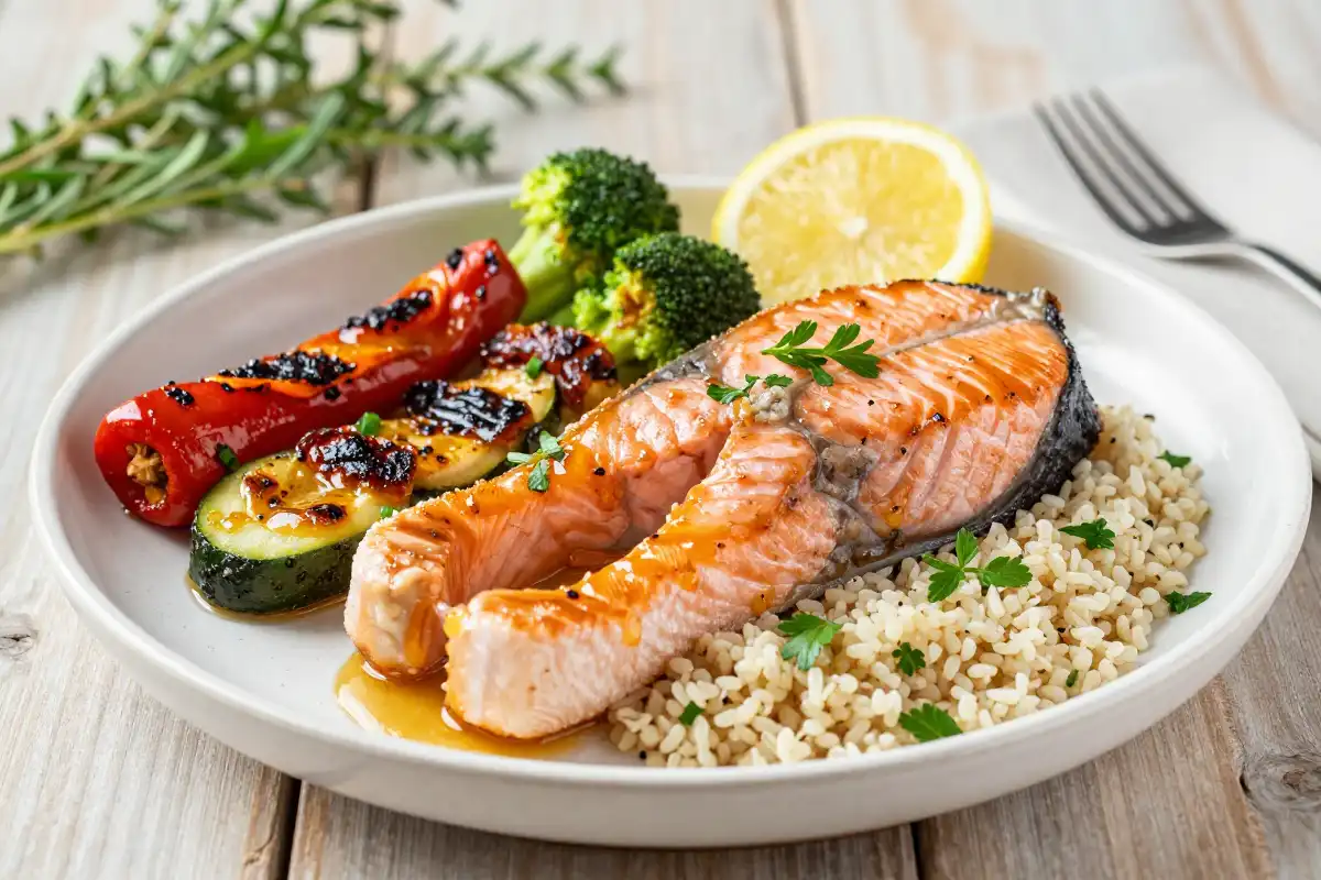 Salmón al Horno con Quinoa y Verduras Asadas plato terminado