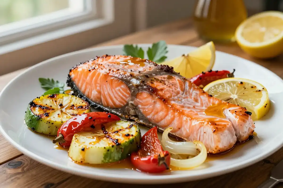 Salmón al Horno con Verduras y Limón plato terminado