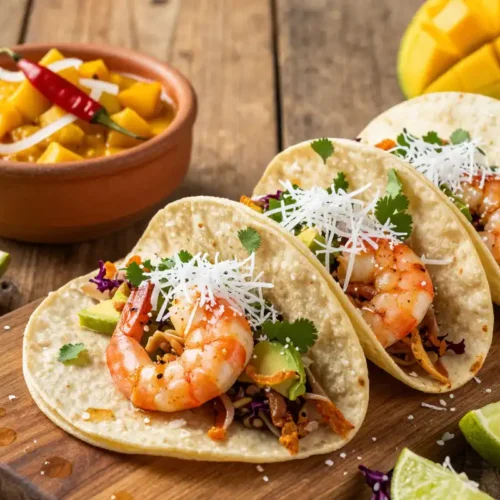 Tacos de Camarón al Coco con Salsa de Mango - Tarjeta de Receta