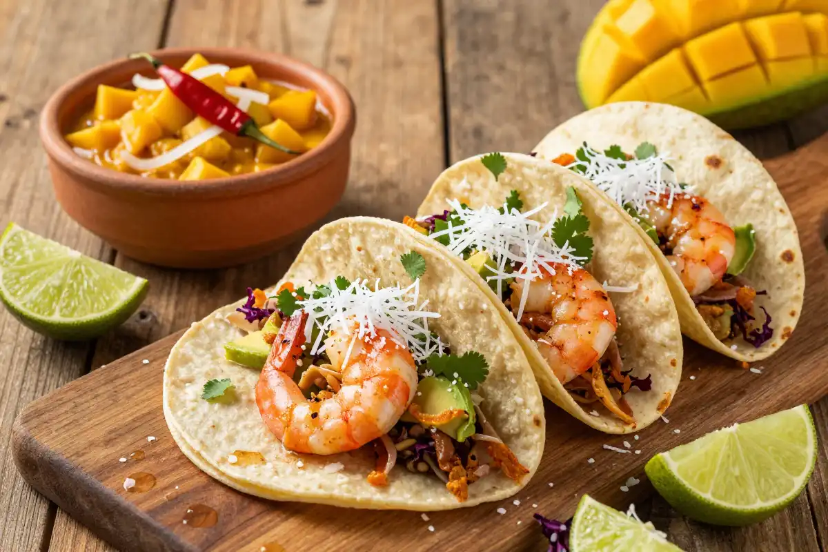 Tacos de Camarón al Coco con Salsa de Mango plato terminado