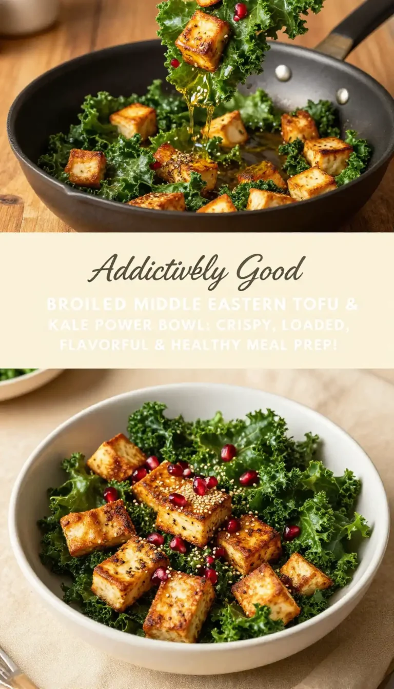 Addictively Good Broiled Middle Eastern Tofu & Kale Power Bowl: Crispy, Loaded, Flavorful & Healthy Meal Prep!