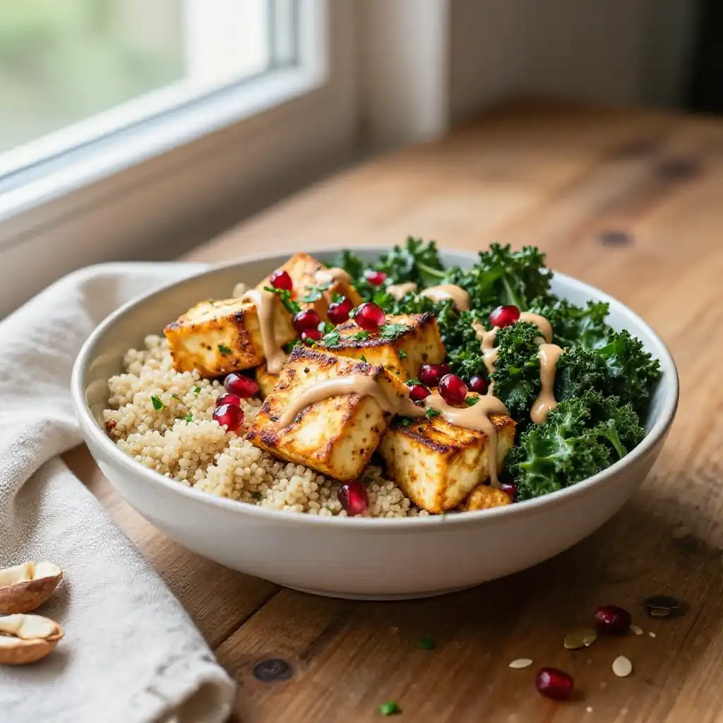 Addictively Good Broiled Middle Eastern Tofu & Kale Power Bowl: Crispy, Loaded, Flavorful & Healthy Meal Prep! plated dish