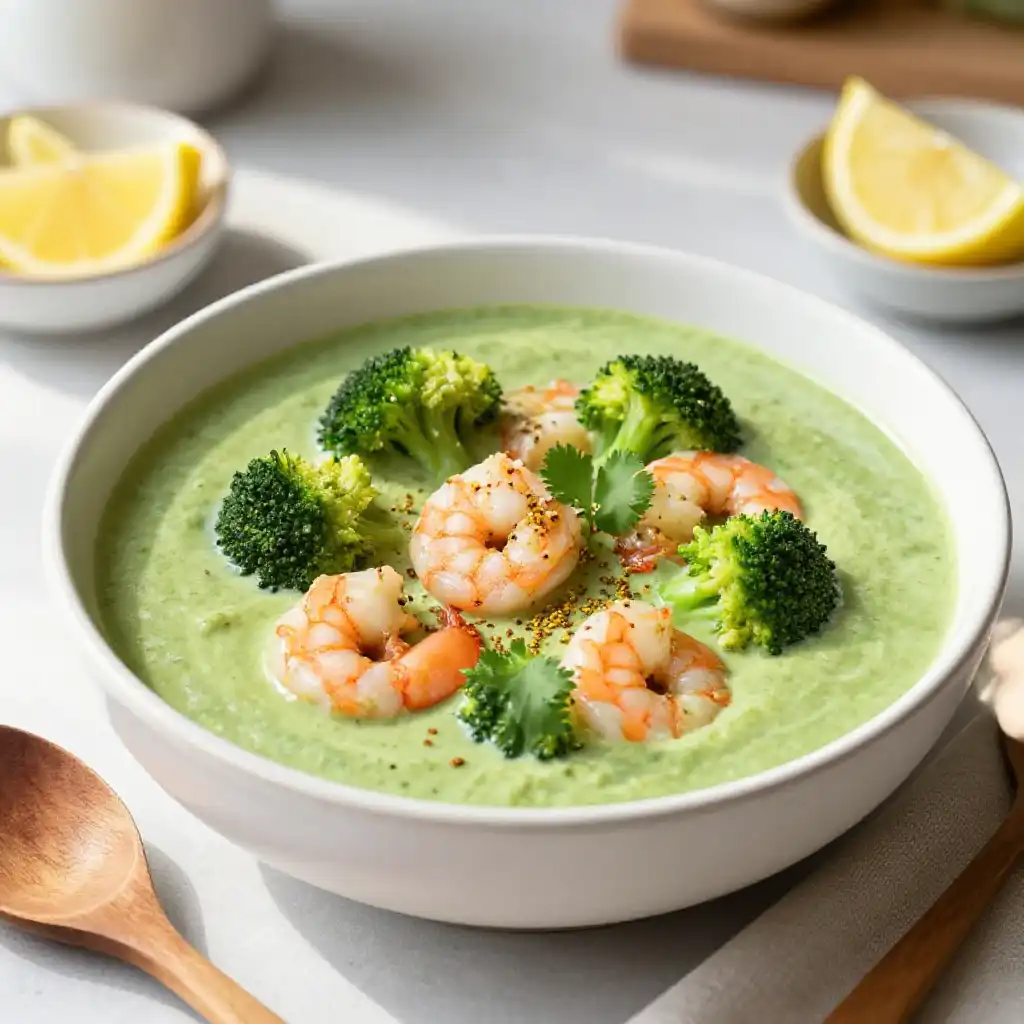 Addictively Good Creamy Middle Eastern Pressure Cooker Shrimp & Broccoli Soup plated dish