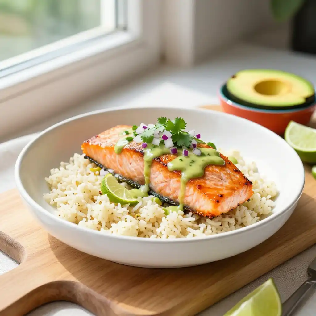 Addictively Good Fiery Mexican Fiesta Salmon Cauliflower Rice One-Pan Skillet Easy Meal Prep Healthy Weeknight Dinner plated dish