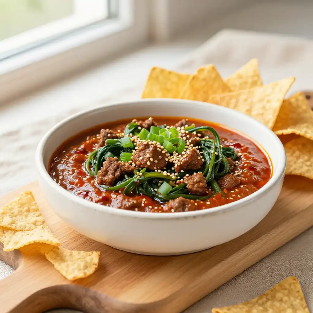 Addictively Good Gochujang Braised Ground Beef & Spinach Appetizer Dip Easy One-Pan Meal Prep plated dish