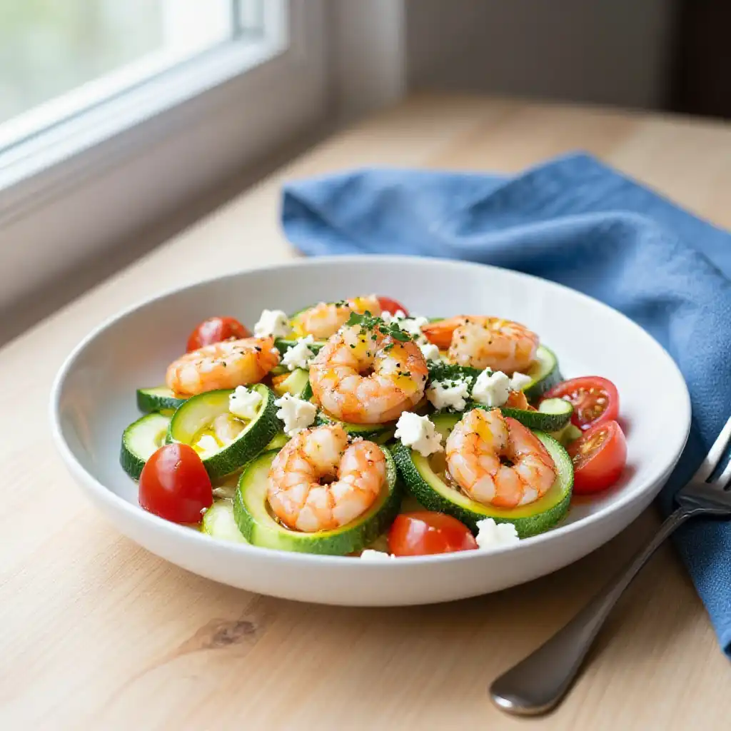 Addictively Good Greek Wok-Fried Shrimp & Zucchini Salad - Easy Healthy Meal Prep Dinner plated dish