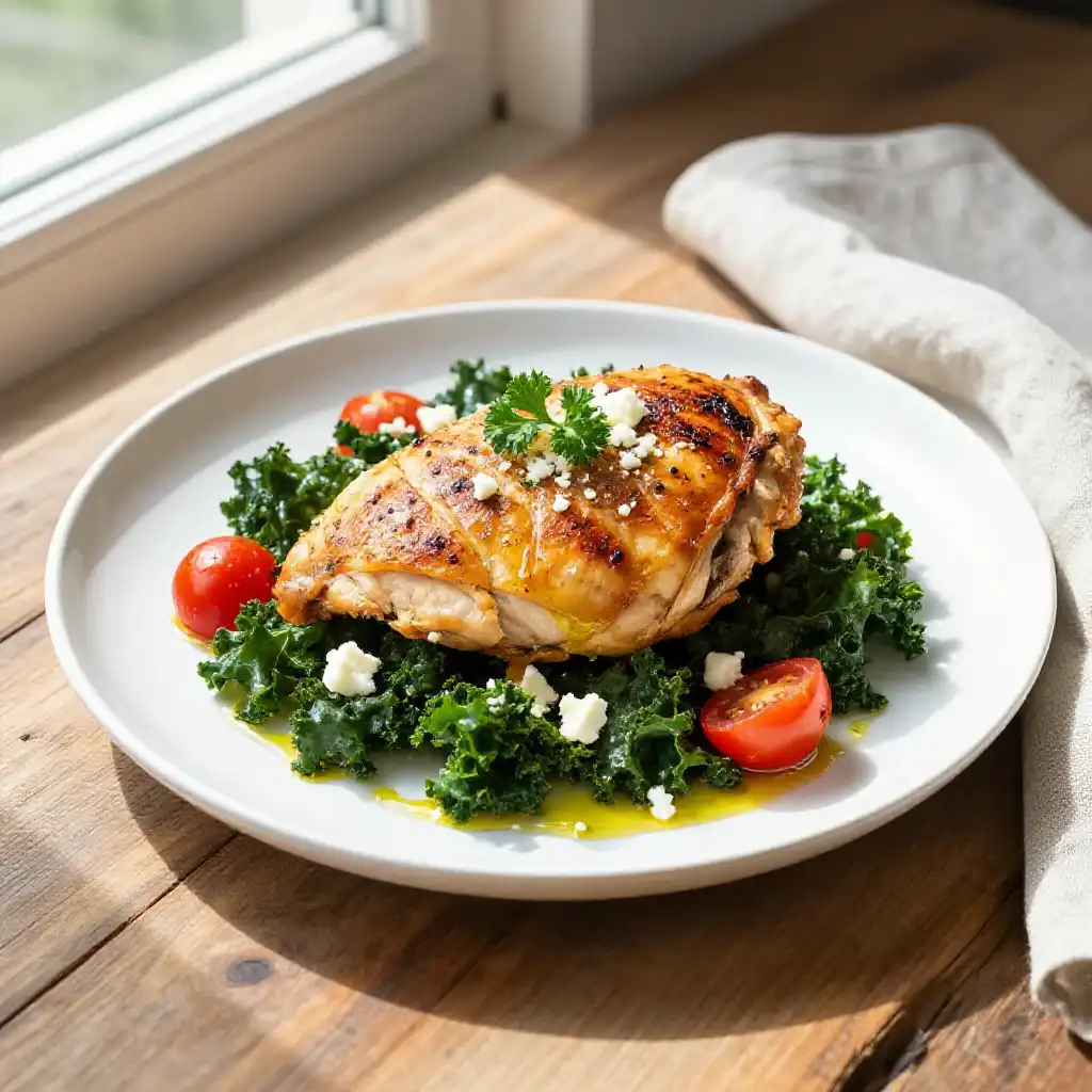 Addictively Good Mediterranean Braised Chicken Breast with Crispy Kale Easy One-Pan Dinner Meal Prep plated dish