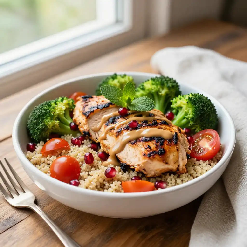 Addictively Good Moroccan Grilled Chicken Breast & Broccoli Power Bowls: Crispy, Loaded, Flavorful & Healthy Meal Prep! plated dish