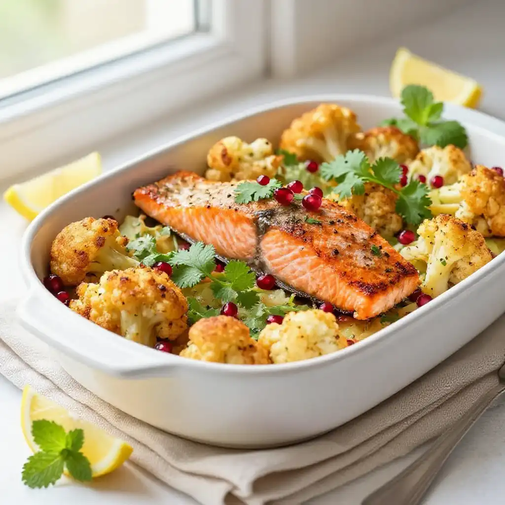 Addictively Good Moroccan Spiced Salmon & Crispy Cauliflower Bake: One-Pan Meal Prep Magic! plated dish