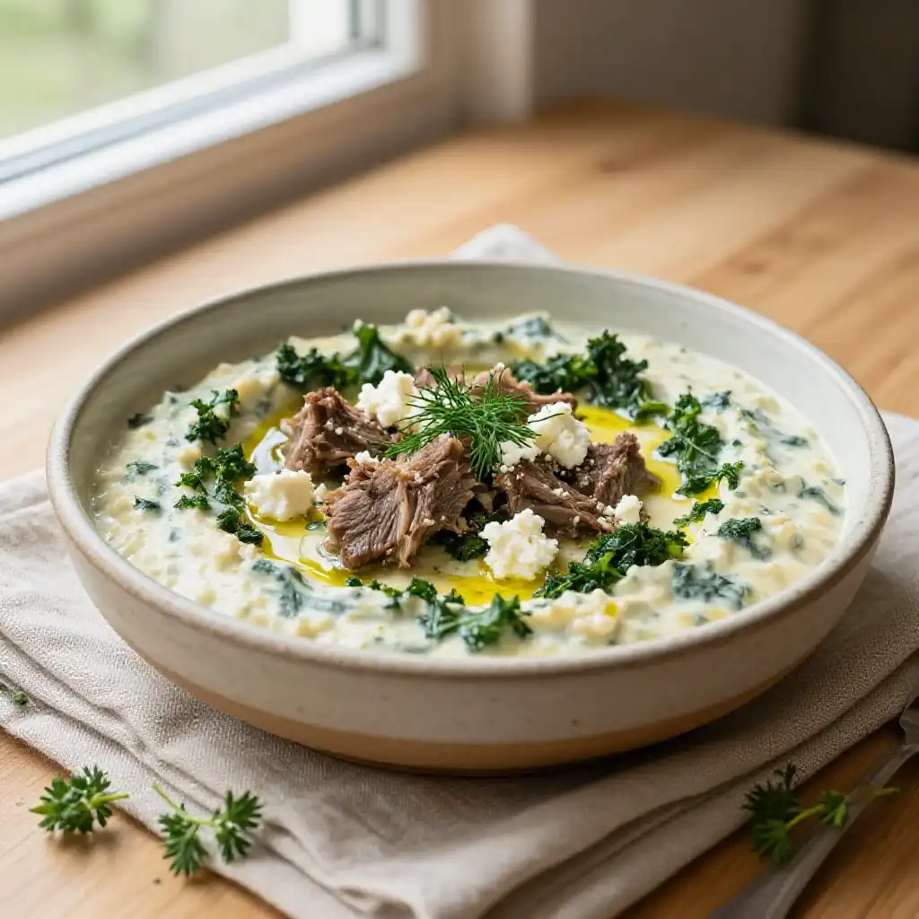 Addictively Good One-Pot Greek Lamb Chop & Kale Hot Dip Appetizer Meal Prep plated dish