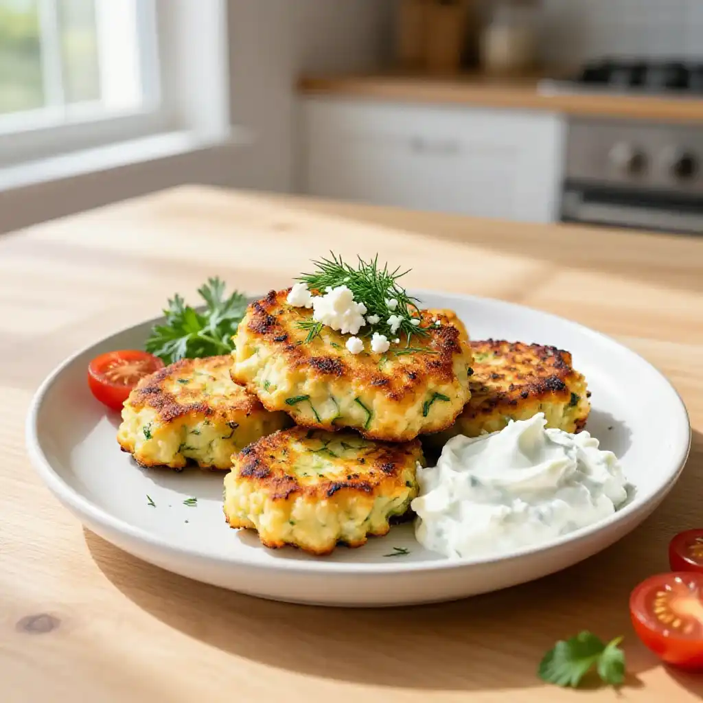 Addictively Good Pan-Fried Greek Tofu & Zucchini Fritters: Crispy, Loaded Appetizer Perfection! plated dish