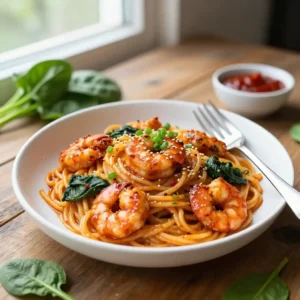 Step by step Air Fryer Korean Gochujang Shrimp Spinach Pasta Easy Weeknight Dinner Better Than Takeout Meal Prep Creamy Crispy Loaded
