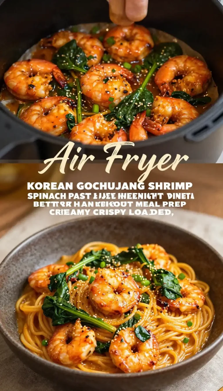 Air Fryer Korean Gochujang Shrimp Spinach Pasta Easy Weeknight Dinner Better Than Takeout Meal Prep Creamy Crispy Loaded