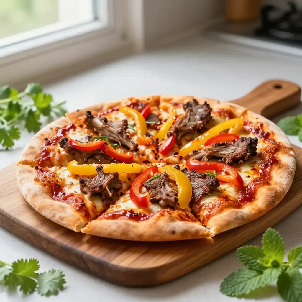 Baked Vietnamese Lamb Chop Pizza with Bell Peppers and Sweet Chili Drizzle Easy Meal Prep plated dish