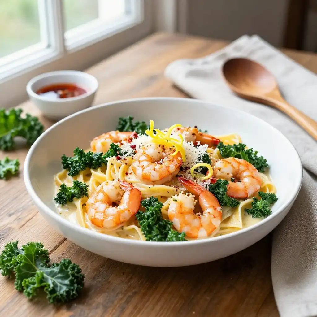 Better Than Takeout Creamy Dutch Oven Japanese Shrimp & Kale Pasta plated dish