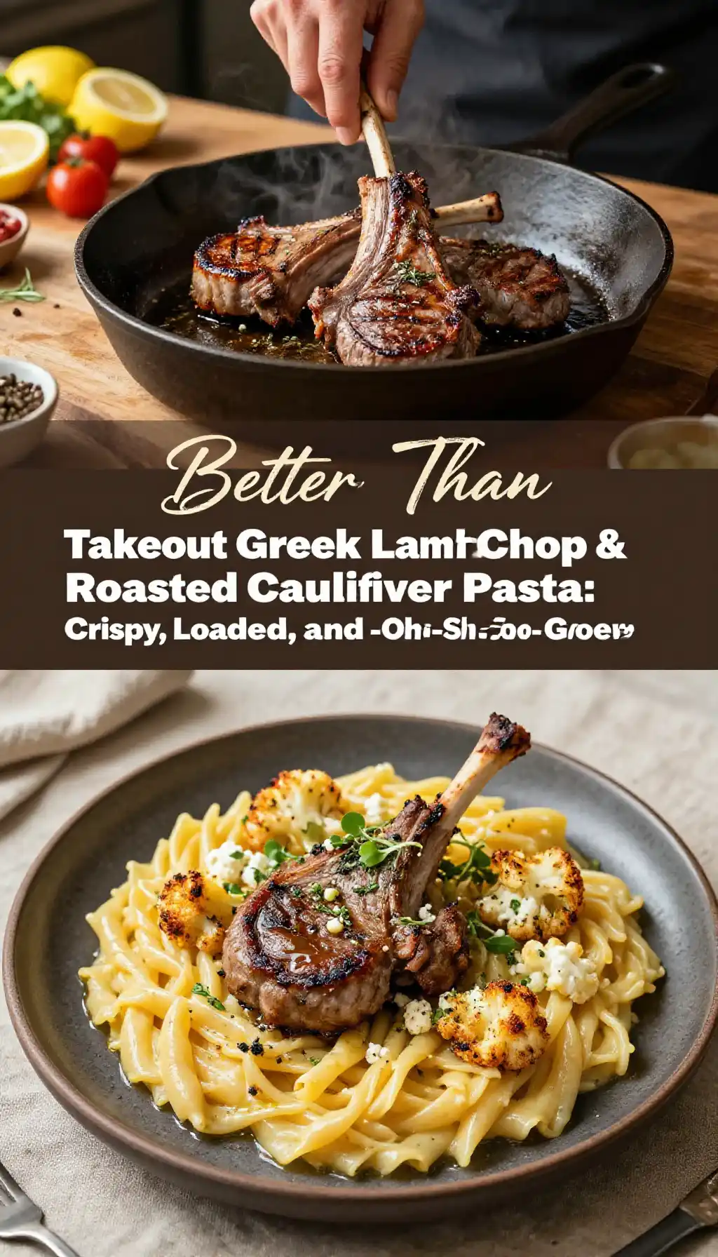 Better Than Takeout Greek Lamb Chop & Roasted Cauliflower Pasta: Crispy, Loaded, and Oh-So-Gooey Weeknight Meal Prep