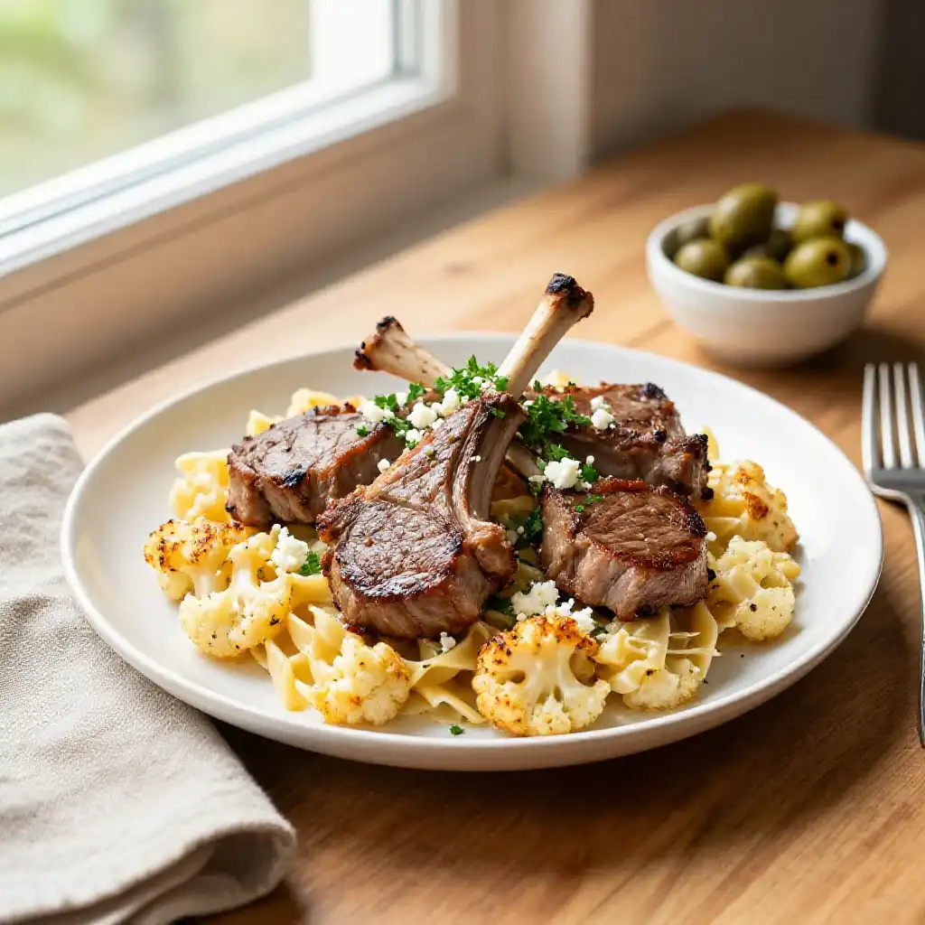 Better Than Takeout Greek Lamb Chop & Roasted Cauliflower Pasta: Crispy, Loaded, and Oh-So-Gooey Weeknight Meal Prep plated dish