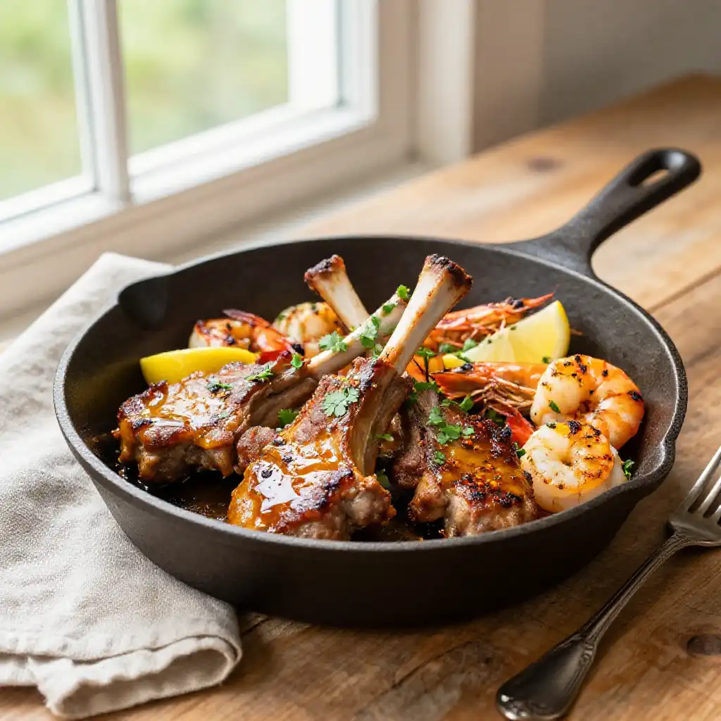 Better Than Takeout Indian Butter Lamb Chops & Seafood Cast Iron Skillet: Crispy, Loaded & Healthy Meal Prep Dream! plated dish