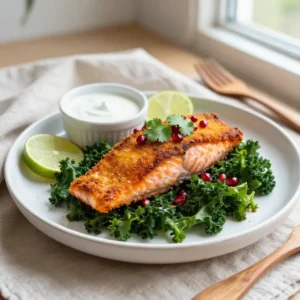 Step by step Better Than Takeout Indian-Spiced Crispy Air Fryer Salmon & Kale Easy Weeknight Meal Prep Healthy Dinner