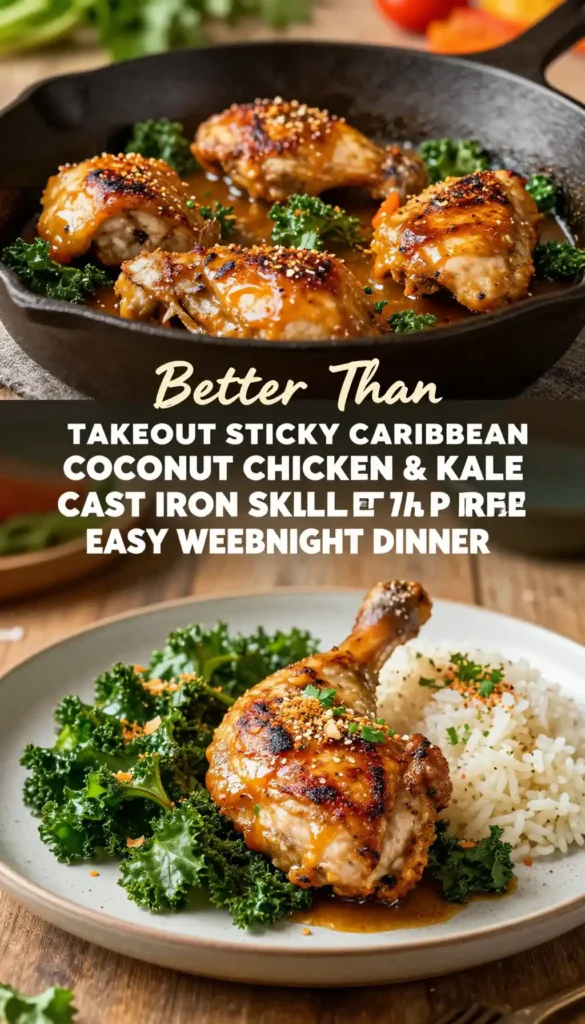 Better Than Takeout Sticky Caribbean Coconut Chicken & Kale Cast Iron Skillet Meal Prep Easy Weeknight Dinner