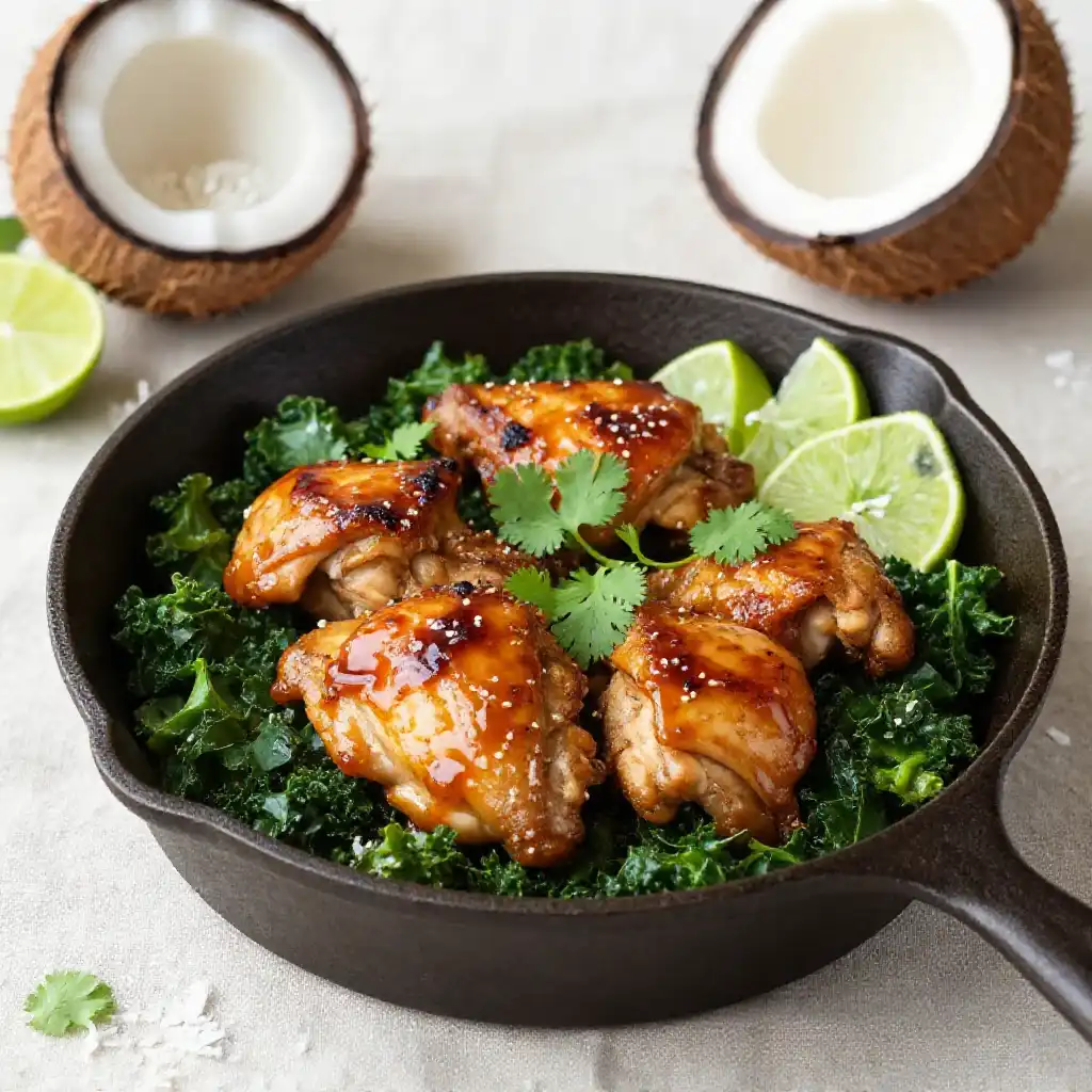 Better Than Takeout Sticky Caribbean Coconut Chicken & Kale Cast Iron Skillet Meal Prep Easy Weeknight Dinner plated dish