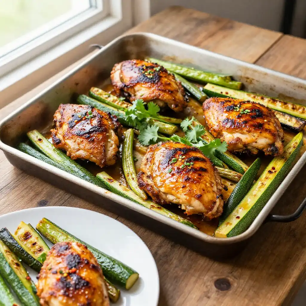 Better Than Takeout Sticky Caribbean Roasted Chicken Breast and Zucchini Sheet Pan Easy Meal Prep Flavor Bomb Weeknight Dinner plated dish