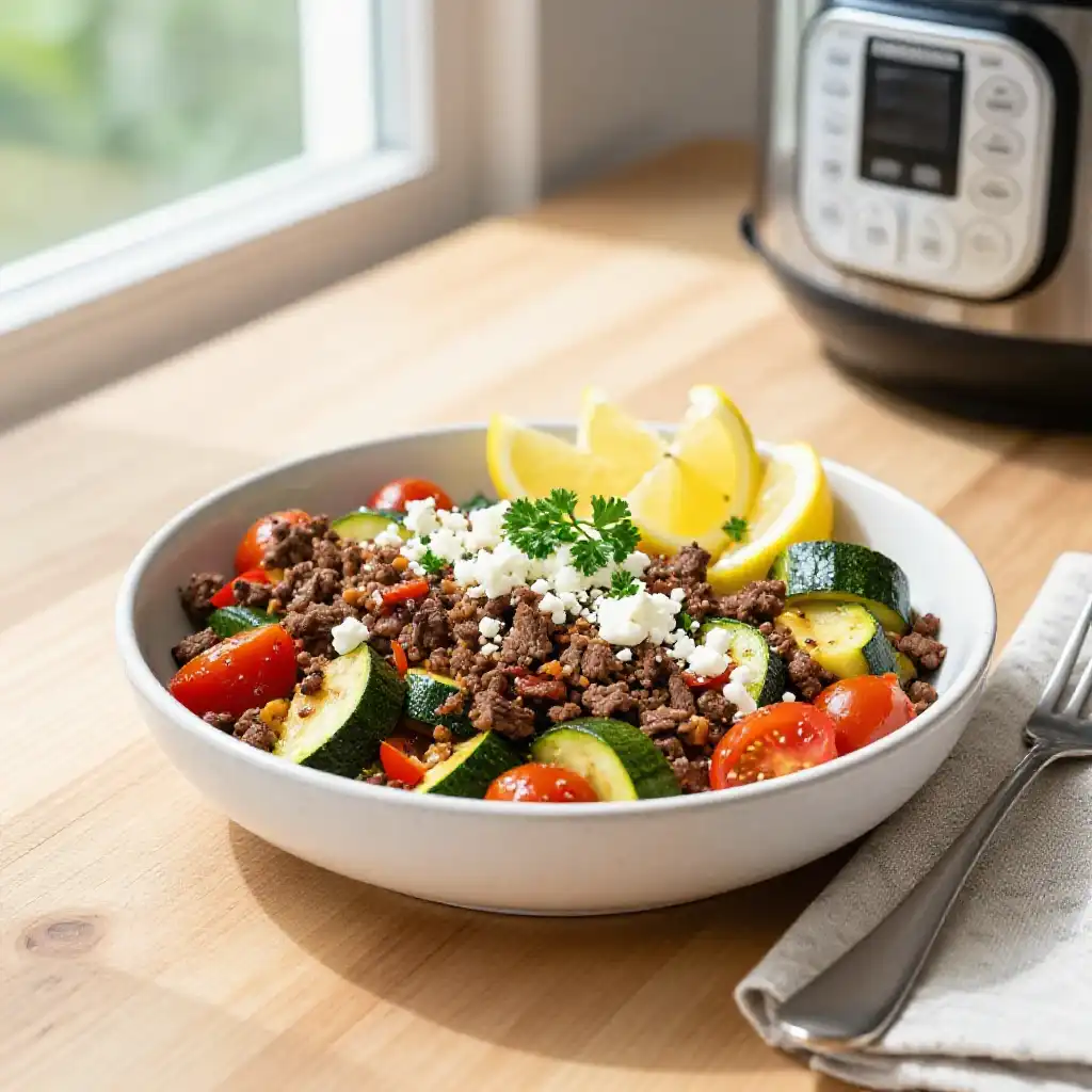 Budget-Friendly Instant Pot Mediterranean Ground Beef & Zucchini Power Bowl Meal Prep plated dish