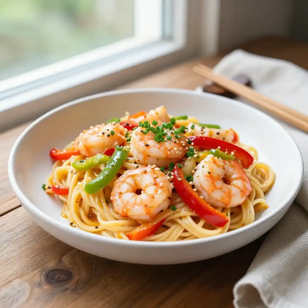 Creamy Japanese Shrimp & Bell Pepper Sheet Pan Pasta plated dish