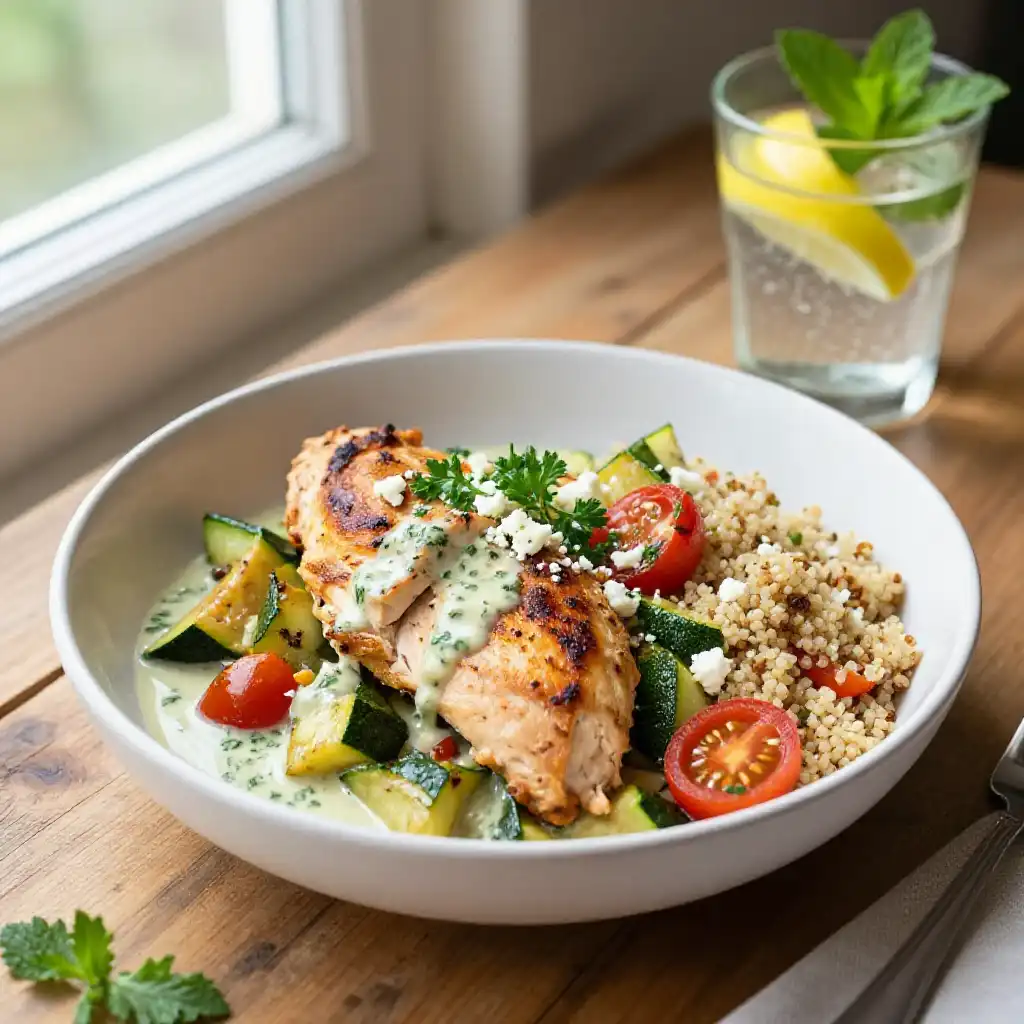 Creamy Mediterranean Instant Pot Chicken & Zucchini Power Bowl plated dish