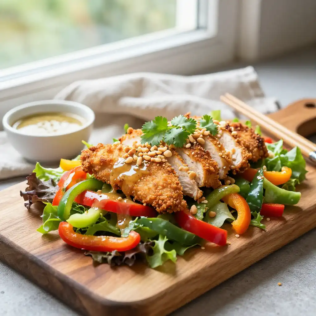 Crispy Air Fryer Thai Chicken Breast & Bell Pepper Salad Easy Weeknight Meal Prep plated dish