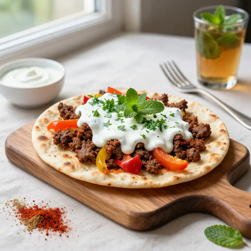 Gooey Crispy Loaded Middle Eastern Ground Beef Bell Pepper Flatbread plated dish