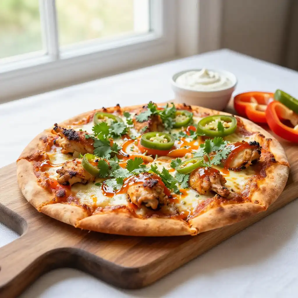 Gooey Crispy Loaded Spanish Pressure Cooker Chicken Thigh Bell Pepper Pizza Instagram-Famous Weeknight Meal Prep plated dish