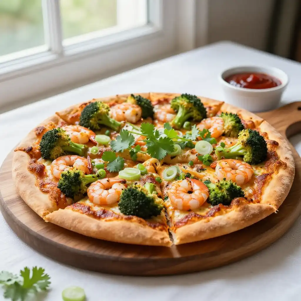 Gooey Gochujang Shrimp Crispy Broccoli Pizza Roasted Korean Style Better Than Takeout Easy Meal Prep plated dish